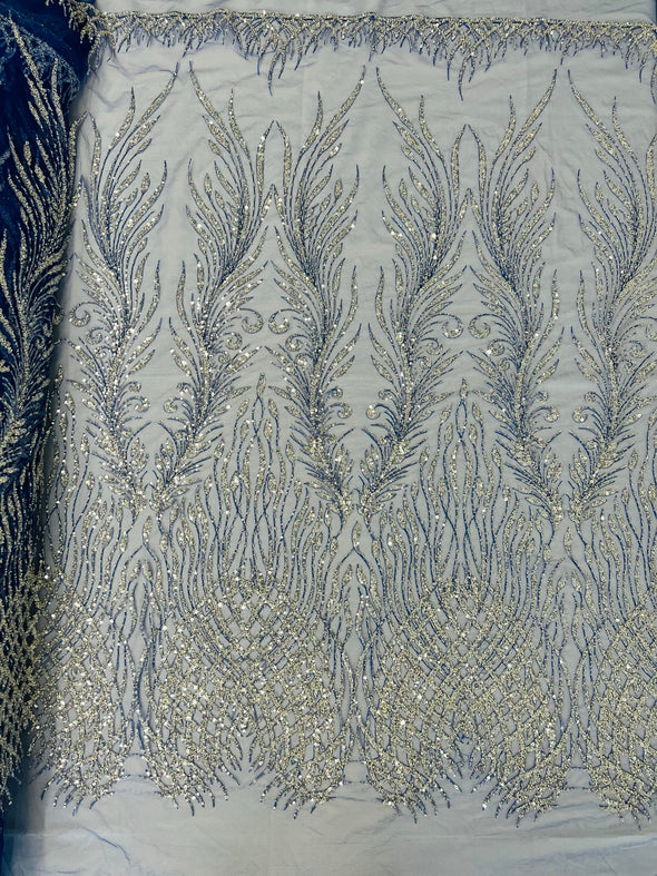 Royal Blue Feathers damask embroider and heavy beaded on a mesh lace fabric- Sold by the yard