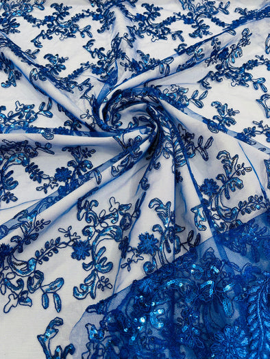 Royal Blue Flower lace corded and embroider with sequins on a mesh- Sold by the yard