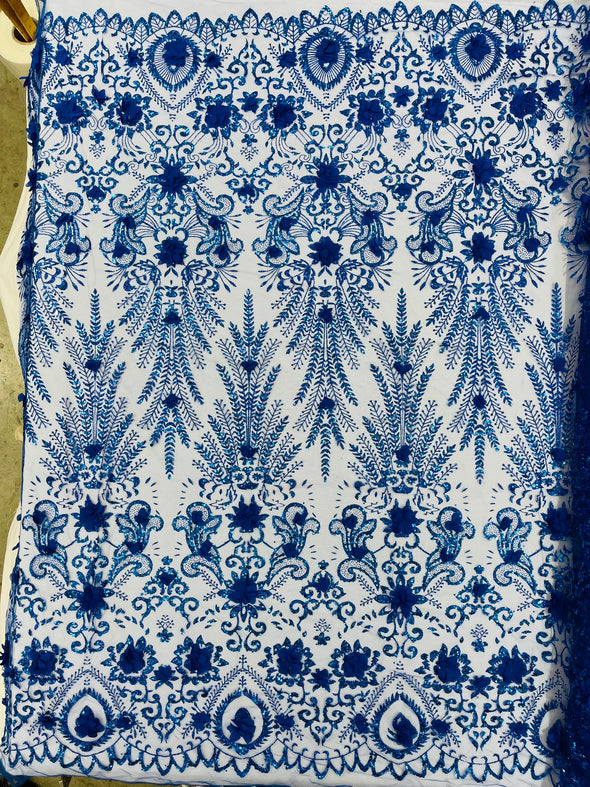 Floral 3D Palm Damask with glitter in a Mesh Lace- Sold by the yard.
