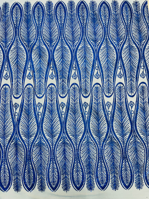 Royal Blue Glitter Feather Damask Design On A Mesh Lace Fabric/Prom.