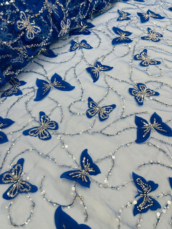 Royal Blue 3D Butterfly Design Embroider and Beaded on a Mesh Lace-Prom-Sold by yard.