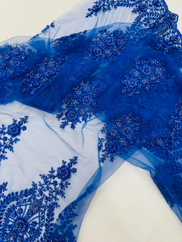 Royal Blue Classic Beaded Damask Lace, Sold by The Yard.