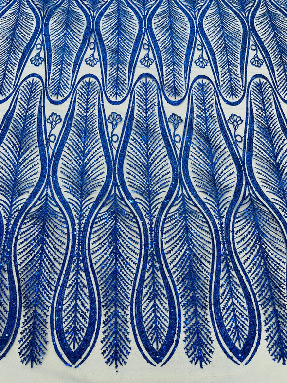 Royal Blue Glitter Feather Damask Design On A Mesh Lace Fabric/Prom.