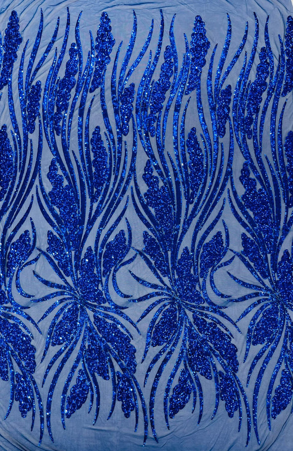 Royal Blue Feather damask shiny sequin design on a 4 way stretch mesh Fabric-prom-Sold by the yard