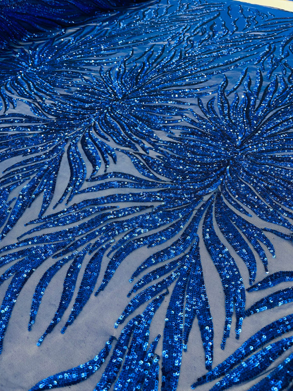 Royal Blue Phoenix Feather Design with Sequins Embroider on a Royal Blue 4 way Stretch Mesh Fabric- Sold by the yard.