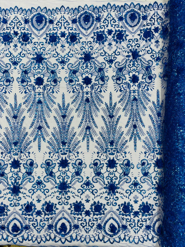 Floral 3D Palm Damask with glitter in a Mesh Lace- Sold by the yard.