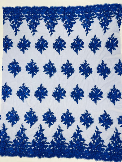 Royal Blue Corded Lace 3D Floral Embroider, Sold by the yard.