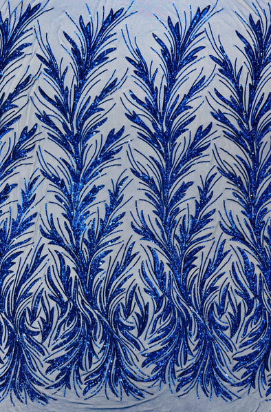 Royal Blue Feather damask shiny sequin design on a 4 way stretch mesh Fabric-prom-Sold by the yard