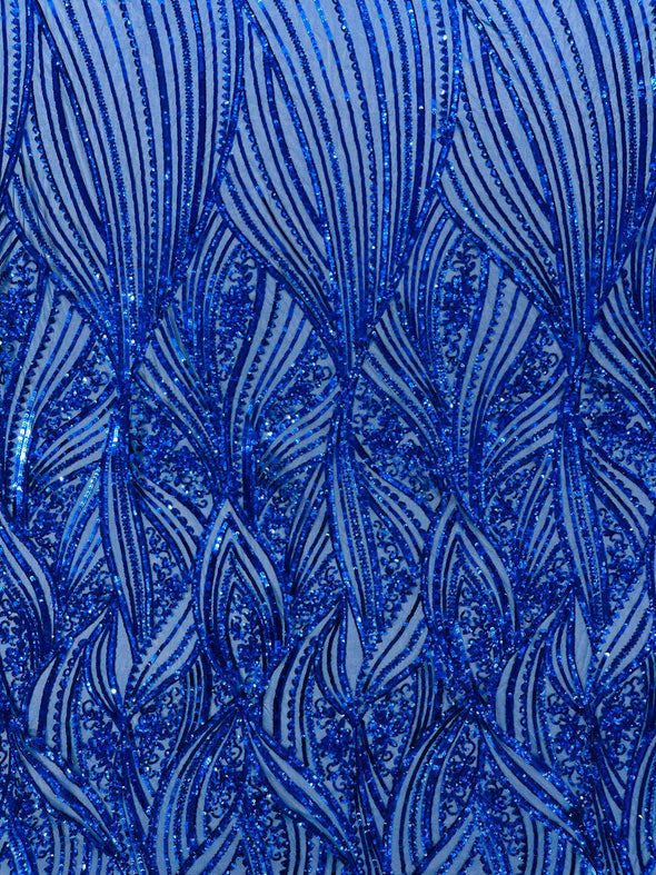 Shiny geometric Feather wing shiny sequin design on a 4 way stretch mesh Fabric-prom-sold by the yard.