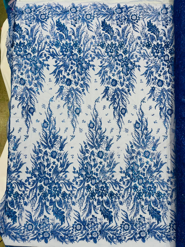 Big Glitter Damask Design On A Mesh Lace Fabric/Prom/Sold By The Yard