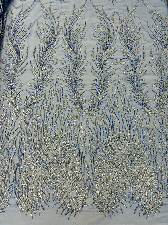 Royal Blue Feathers damask embroider and heavy beaded on a mesh lace fabric- Sold by the yard