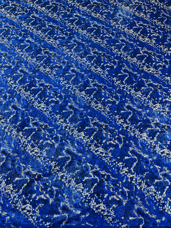 Royal Blue Shattered Glass Snake Design Nylon Spandex Fabric, 4-Way Stretch, Medium Weight, Sold by The Yard.
