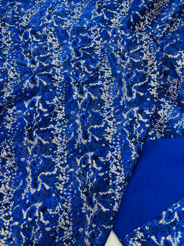 Royal Blue Shattered Glass Snake Design Nylon Spandex Fabric, 4-Way Stretch, Medium Weight, Sold by The Yard.