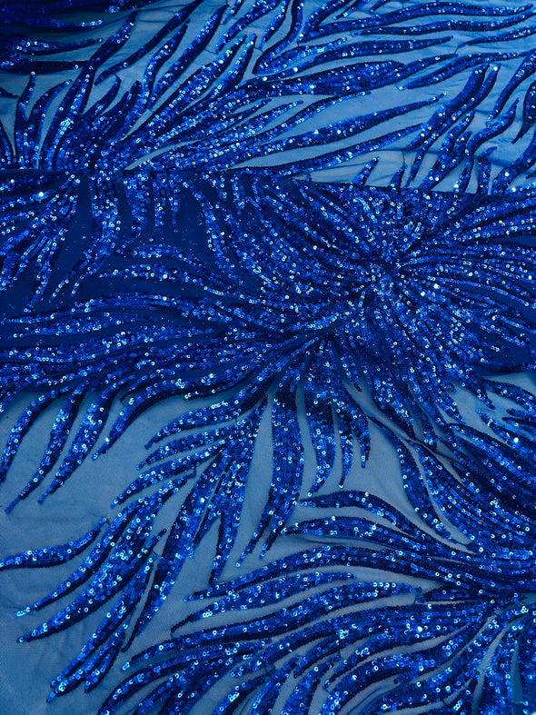 Royal Blue Phoenix Feather Design with Sequins Embroider on a Royal Blue 4 way Stretch Mesh Fabric- Sold by the yard.