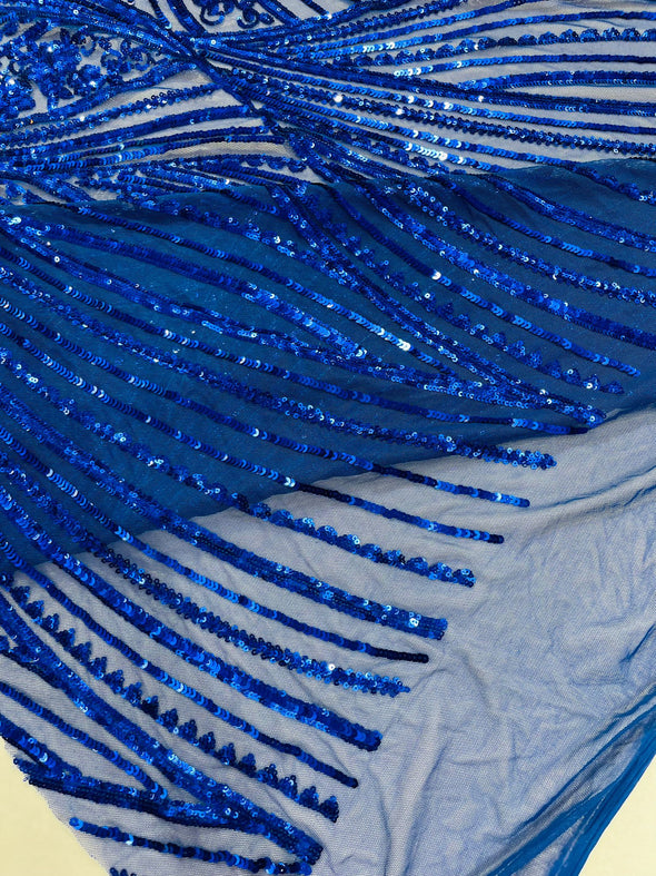 Royal Blue Shiny Geometric Feather wing shiny sequin design on a 4 way stretch mesh Fabric-prom-sold by the yard.