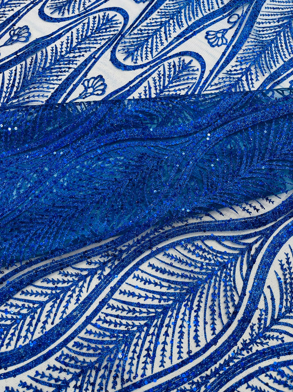 Royal Blue Glitter Feather Damask Design On A Mesh Lace Fabric/Prom.