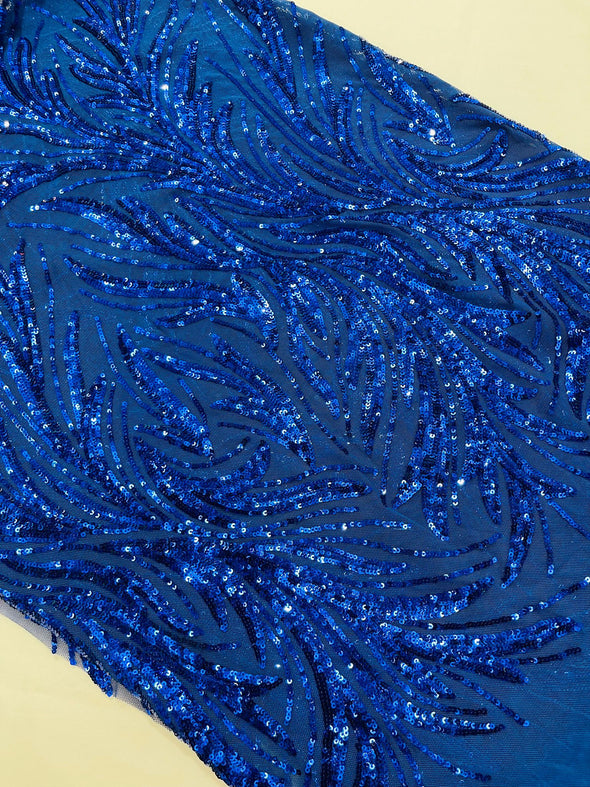 Royal Blue Feather damask shiny sequin design on a 4 way stretch mesh Fabric-prom-Sold by the yard