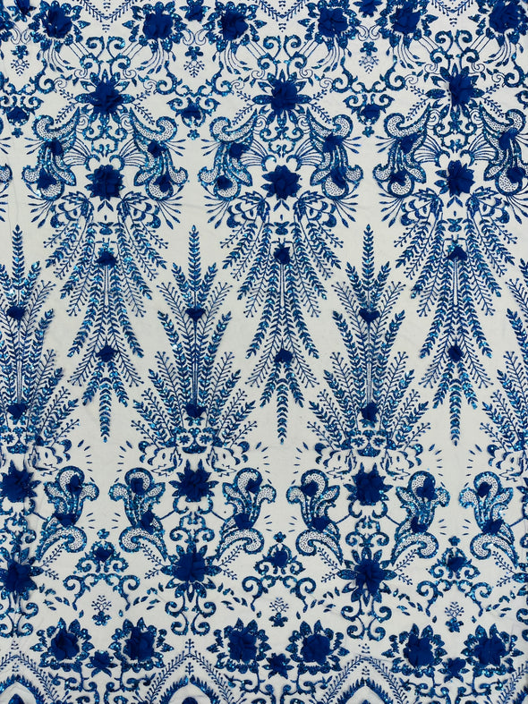 Floral 3D Palm Damask with glitter in a Mesh Lace- Sold by the yard.