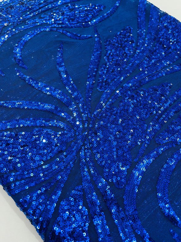 Royal Blue Feather damask shiny sequin design on a 4 way stretch mesh Fabric-prom-Sold by the yard