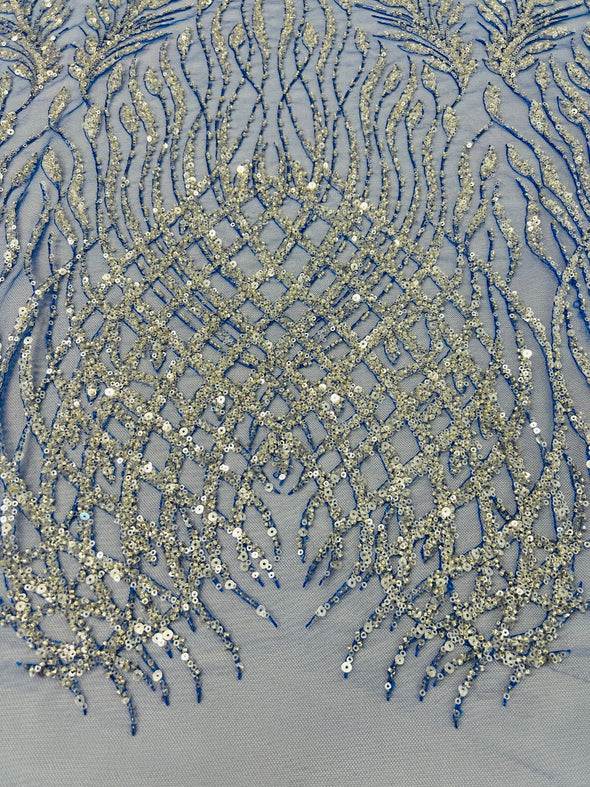 Royal Blue Feathers damask embroider and heavy beaded on a mesh lace fabric- Sold by the yard