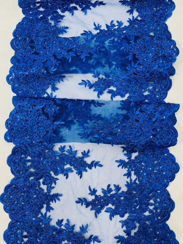 Royal Blue 14"Wide Sequins Metallic Embroidered Lace on Mesh Fabric, Trim Lace, Table Runner. Sold By The Yard.