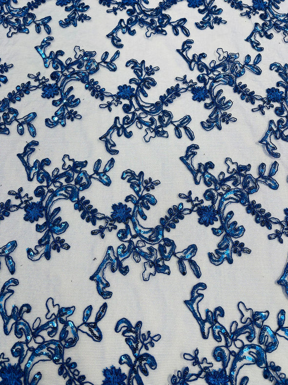 Royal Blue Flower lace corded and embroider with sequins on a mesh- Sold by the yard