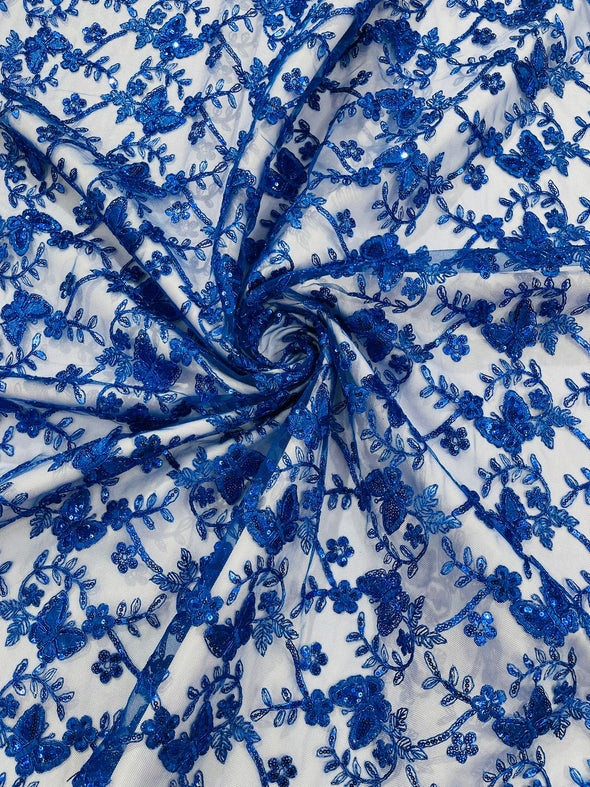 Royal Blue Corded Lace/Small Butterfly Design Embroidered with Sequin on a Mesh Lace Fabric.