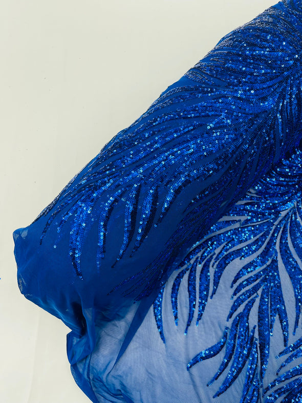 Royal Blue Phoenix Feather Design with Sequins Embroider on a Royal Blue 4 way Stretch Mesh Fabric- Sold by the yard.