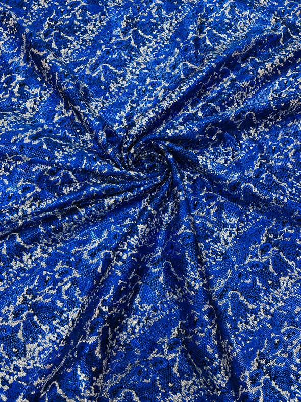Royal Blue Shattered Glass Snake Design Nylon Spandex Fabric, 4-Way Stretch, Medium Weight, Sold by The Yard.