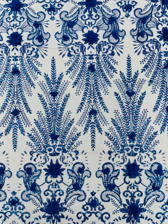 Floral 3D Palm Damask with glitter in a Mesh Lace- Sold by the yard.