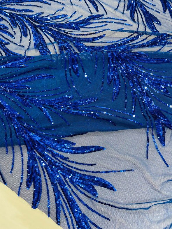 Royal Blue Feather damask shiny sequin design on a 4 way stretch mesh Fabric-prom-Sold by the yard