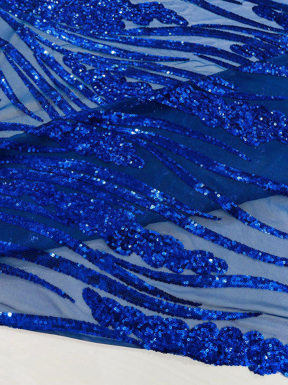 Royal Blue Feather damask shiny sequin design on a 4 way stretch mesh Fabric-prom-Sold by the yard