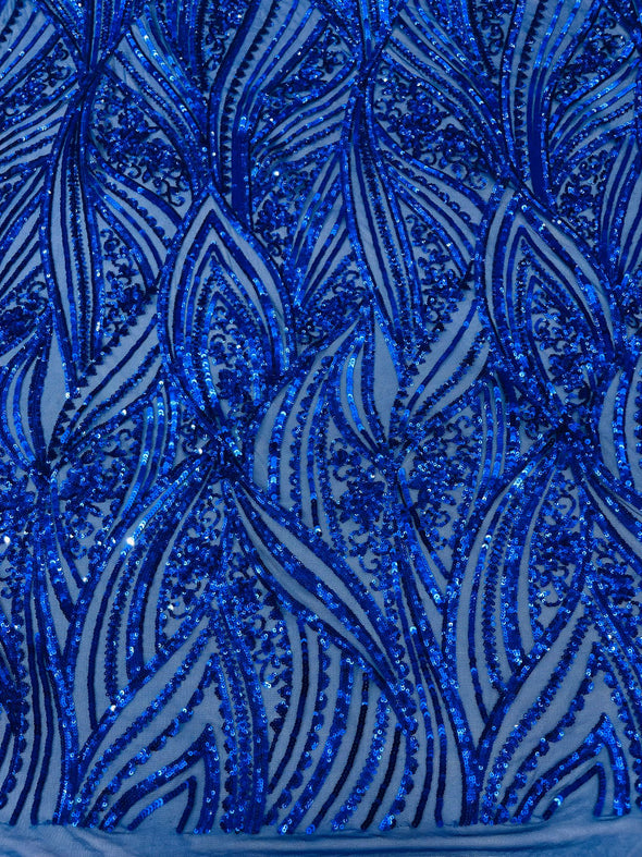 Royal Blue Shiny Geometric Feather wing shiny sequin design on a 4 way stretch mesh Fabric-prom-sold by the yard.