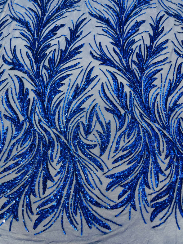 Royal Blue Feather damask shiny sequin design on a 4 way stretch mesh Fabric-prom-Sold by the yard