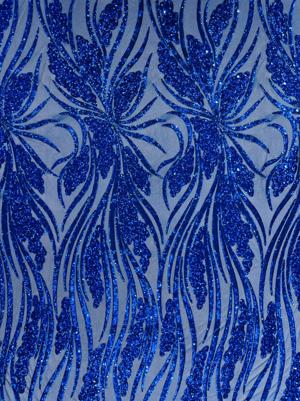 Royal Blue Feather damask shiny sequin design on a 4 way stretch mesh Fabric-prom-Sold by the yard