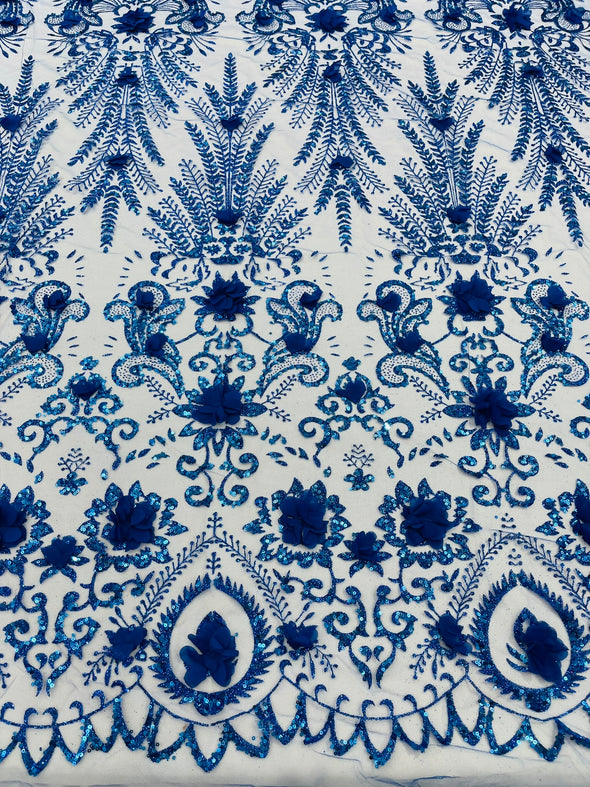Floral 3D Palm Damask with glitter in a Mesh Lace- Sold by the yard.