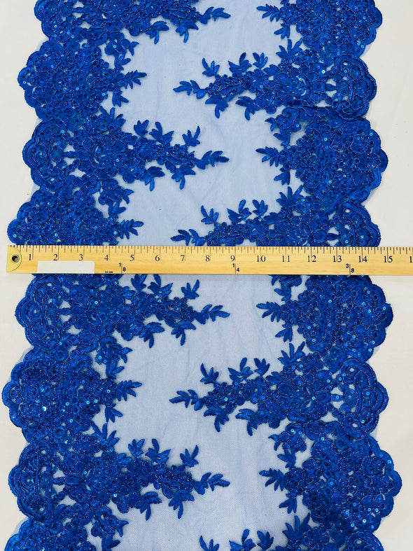 Royal Blue 14"Wide Sequins Metallic Embroidered Lace on Mesh Fabric, Trim Lace, Table Runner. Sold By The Yard.