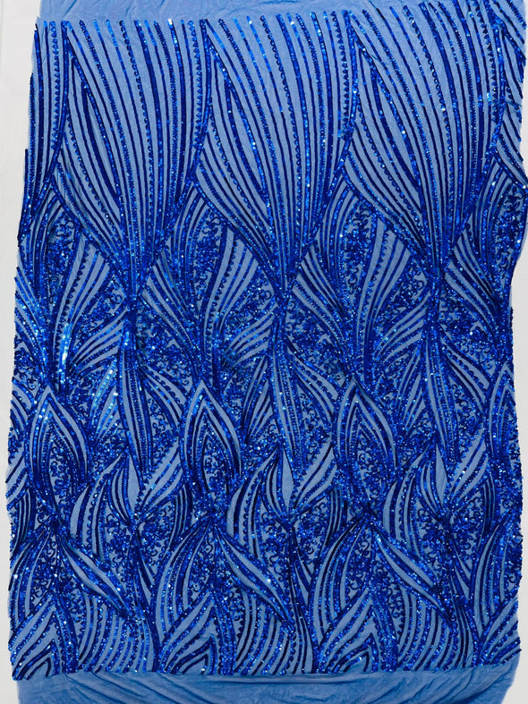 Royal Blue Shiny Geometric Feather wing shiny sequin design on a 4 way stretch mesh Fabric-prom-sold by the yard.