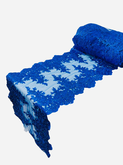 Royal Blue 14"Wide Sequins Metallic Embroidered Lace on Mesh Fabric, Trim Lace, Table Runner. Sold By The Yard.