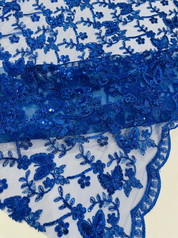 Royal Blue Corded Lace/Small Butterfly Design Embroidered with Sequin on a Mesh Lace Fabric.