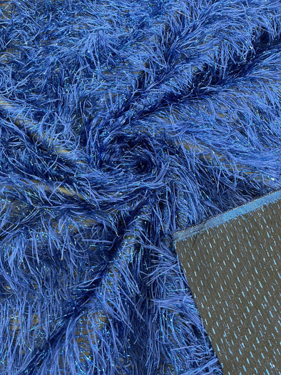 Royal Blue Shaggy Jacquard Faux Ostrich/Eye Lash Feathers Sewing Fringe With Metallic Thread Fabric By The Yard