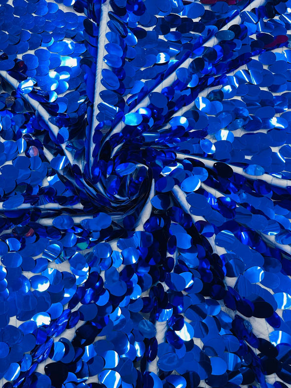 Royal Blue Jumbo Sequins Oval Sequin Paillette/Tear Drop Mermaid Big Sequins Fabric On Blue Mesh/ 54 Inches Wide