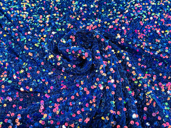 Royal Rainbow Iridescent-Royal Blue 54" Stretch Velvet with Luxury Sequins All Over 5mm Shining Sequins 2-Way Stretch. Sold by the yard.