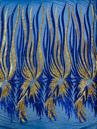 Royal Blue-Gold Iridescent Sequin Wings design on a Blue 4 way stretch mesh fabric- prom-nightgown-By the yard