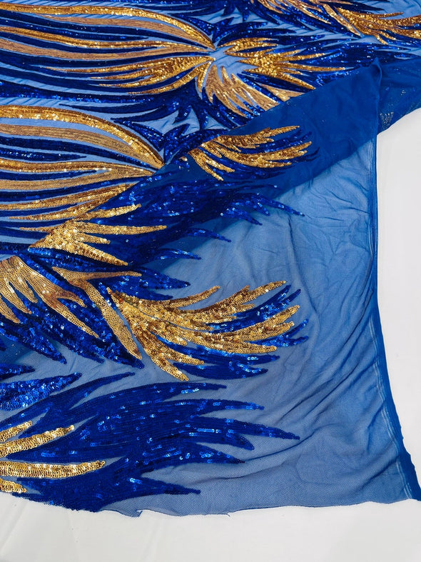 Royal Blue-Gold Iridescent Sequin Wings design on a Blue 4 way stretch mesh fabric- prom-nightgown-By the yard