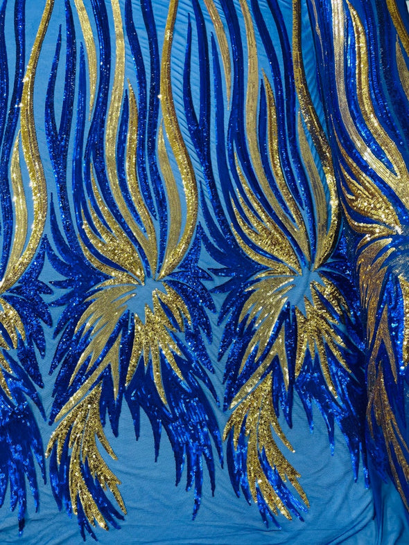 Royal Blue-Gold Iridescent Sequin Wings design on a Blue 4 way stretch mesh fabric- prom-nightgown-By the yard