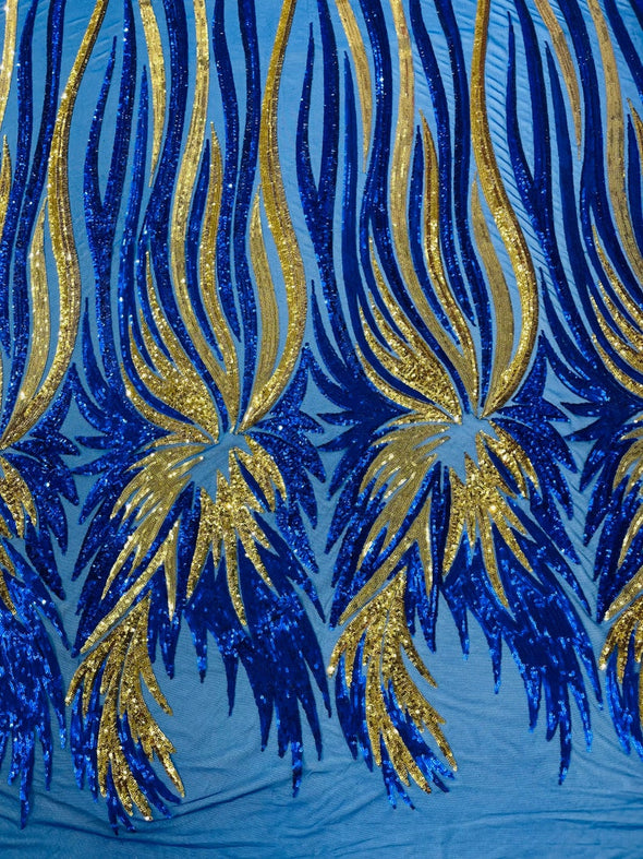 Royal Blue-Gold Iridescent Sequin Wings design on a Blue 4 way stretch mesh fabric- prom-nightgown-By the yard