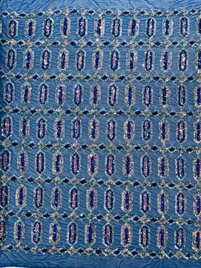 Royal Blue Silver On Royal Blue Multi Color Iridescent Jewel Sequin Design On a 4 Way Stretch Mesh Fabric - Sold By The Yard