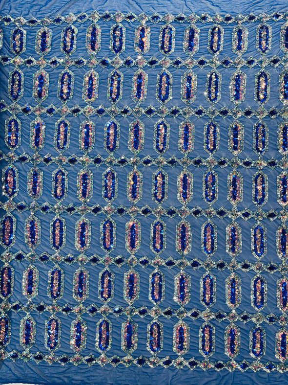 Royal Blue Silver On Royal Blue Multi Color Iridescent Jewel Sequin Design On a 4 Way Stretch Mesh Fabric - Sold By The Yard