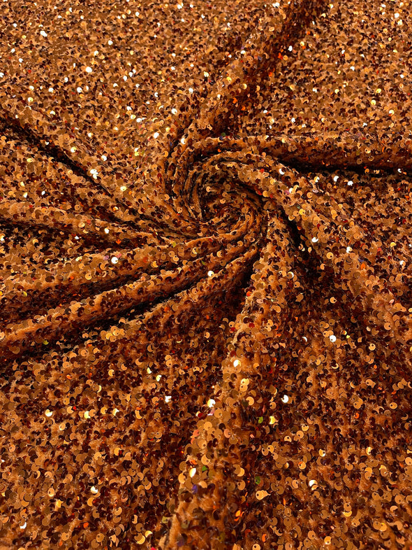 Rust 54" Stretch Velvet with Luxury Sequins All Over 5mm Shining Sequins 2-Way Stretch. Sold by the yard.